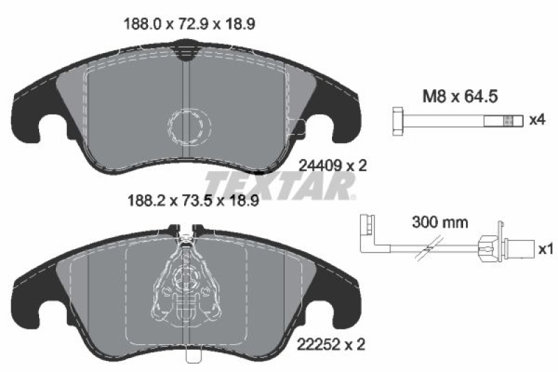 Bild von TEXTAR 2440903 Bremsbelagsatz Bremsbeläge, Bremsklötze, Bremssteine inkl. Verschleißwarnkontakt mit Bremssattelschrauben mit Zubehör AUDI: A6 C7 Avant