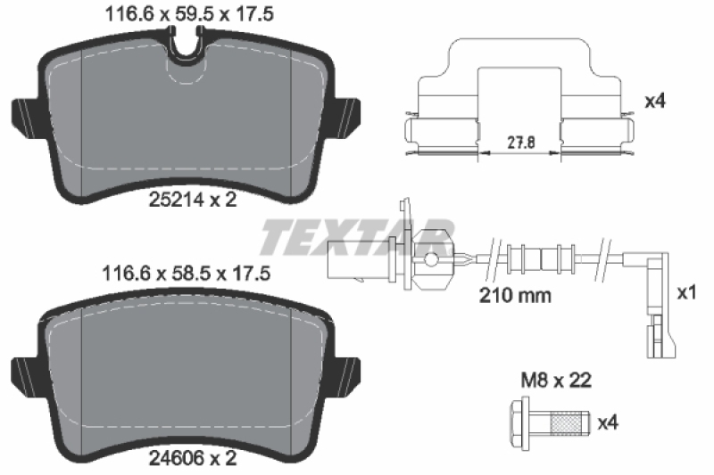 Bild von TEXTAR 2521413 Bremsbelagsatz Bremsbeläge, Bremsklötze, Bremssteine inkl. Verschleißwarnkontakt mit Bremssattelschrauben mit Zubehör