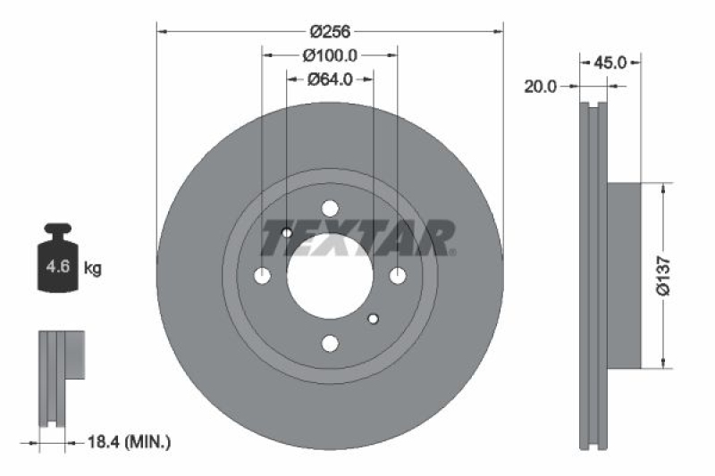 Bild von TEXTAR 92294403 Bremsscheibe Bremsscheiben, Scheibenbremsen 256 20 04/06 100 innenbelüftet beschichtet MITSUBISHI: COLT 6