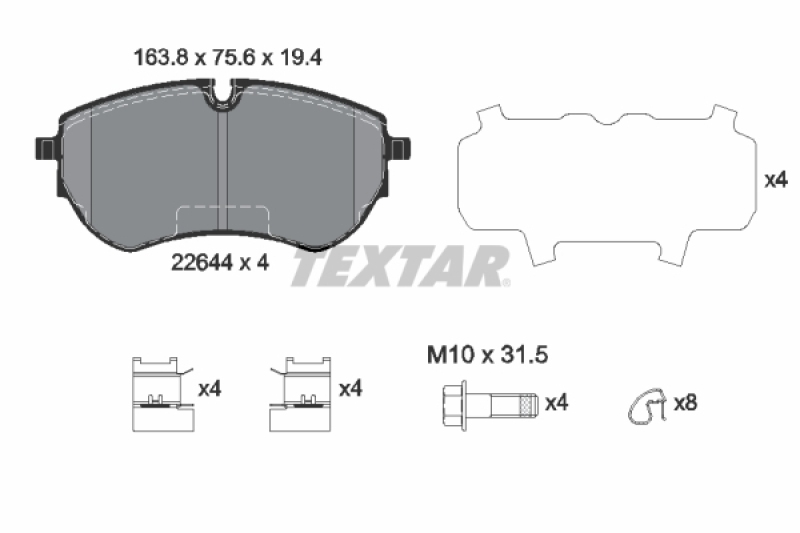 Bild von TEXTAR 2264401 Bremsbelagsatz Bremsbeläge, Bremsklötze, Bremssteine für Verschleißwarnanzeiger vorbereitet mit Bremssattelschrauben mit Zubehör