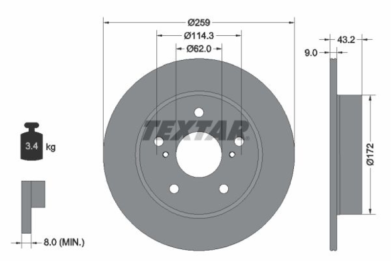 Bild von TEXTAR Bremsscheibe PRO hinten rechts links voll 259mm für SUZUKI 5561166M00000 5561172L00000 5561172L00 92308303