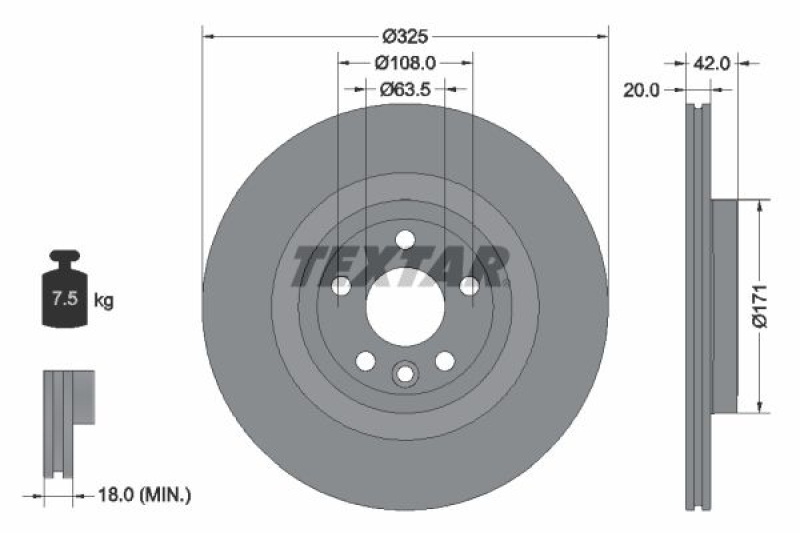 Bild von TEXTAR 92314305 Bremsscheibe Bremsscheiben, Scheibenbremsen 325 20 05/06 108 innenbelüftet beschichtet hochgekohlt LAND ROVER: Discovery Sport