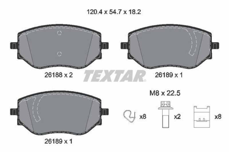 Bild von TEXTAR 2618801 Bremsbelagsatz Bremsbeläge, Bremsklötze, Bremssteine nicht für Verschleißwarnanzeiger vorbereitet mit Bremssattelschrauben mit Zubehör