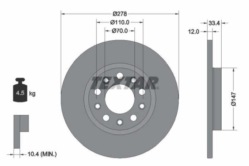 Bild von TEXTAR 92326503 Bremsscheibe Bremsscheiben, Scheibenbremsen 278 12 05/10 110 voll beschichtet JEEP: Cherokee V