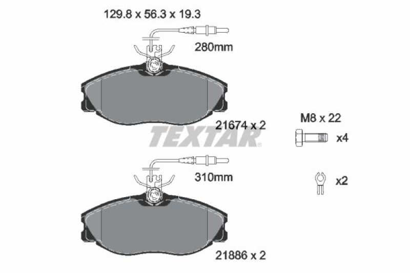 Bild von TEXTAR 2167403 Bremsbelagsatz Bremsbeläge, Bremsklötze, Bremssteine mit integriertem Verschleißwarnkontakt mit Bremssattelschrauben mit Zubehör
