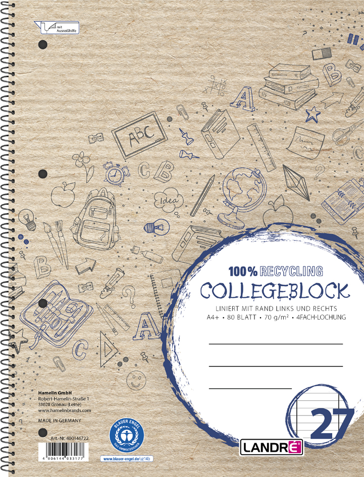 Bild von Collegeblock LANDRÉ Recycling, 80 Blatt, DIN A4+, 70 g/m², 4-fach gelocht, Spiralbindung, OPTIK PAPER®, kariert, Rand links, mehrfarbig