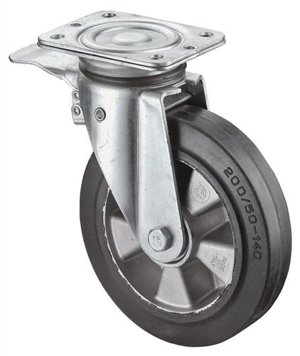 Bild von BS ROLLEN Schwerlastrolle Elastikgummi, Lenkrolle mit Feststeller, Kugellager, Platte, Ø x Breite 200 x 50 mm, TK 450 kg