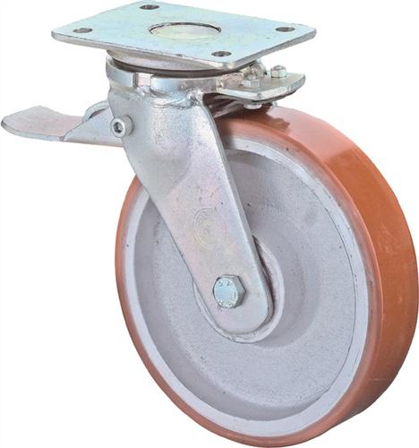 Bild von BS ROLLEN Schwerlastrolle Prothane® Guss-Polyurethan, Lenkrolle mit Feststeller, Kugellager, Platte, Ø x Breite 100 x 50 mm, TK 400 kg