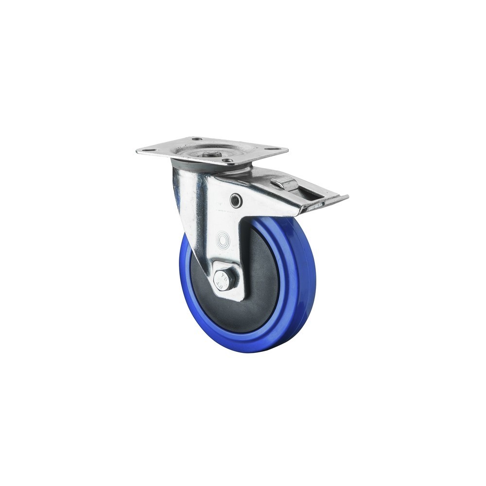 Bild von BS ROLLEN Transportrolle Elastikgummi, blau, Lenkrolle mit Feststeller, Kugellager, Platte, Ø x Breite 100 x 32 mm, TK 150 kg
