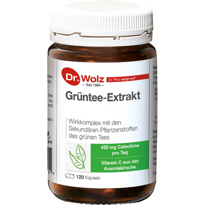 Bild von Grüntee-Extrakt von Dr. Wolz, 450mg Catechine aus grünem Tee, mit natürlichem Vitamin C aus der Acerolakirsche, 120 Kapseln