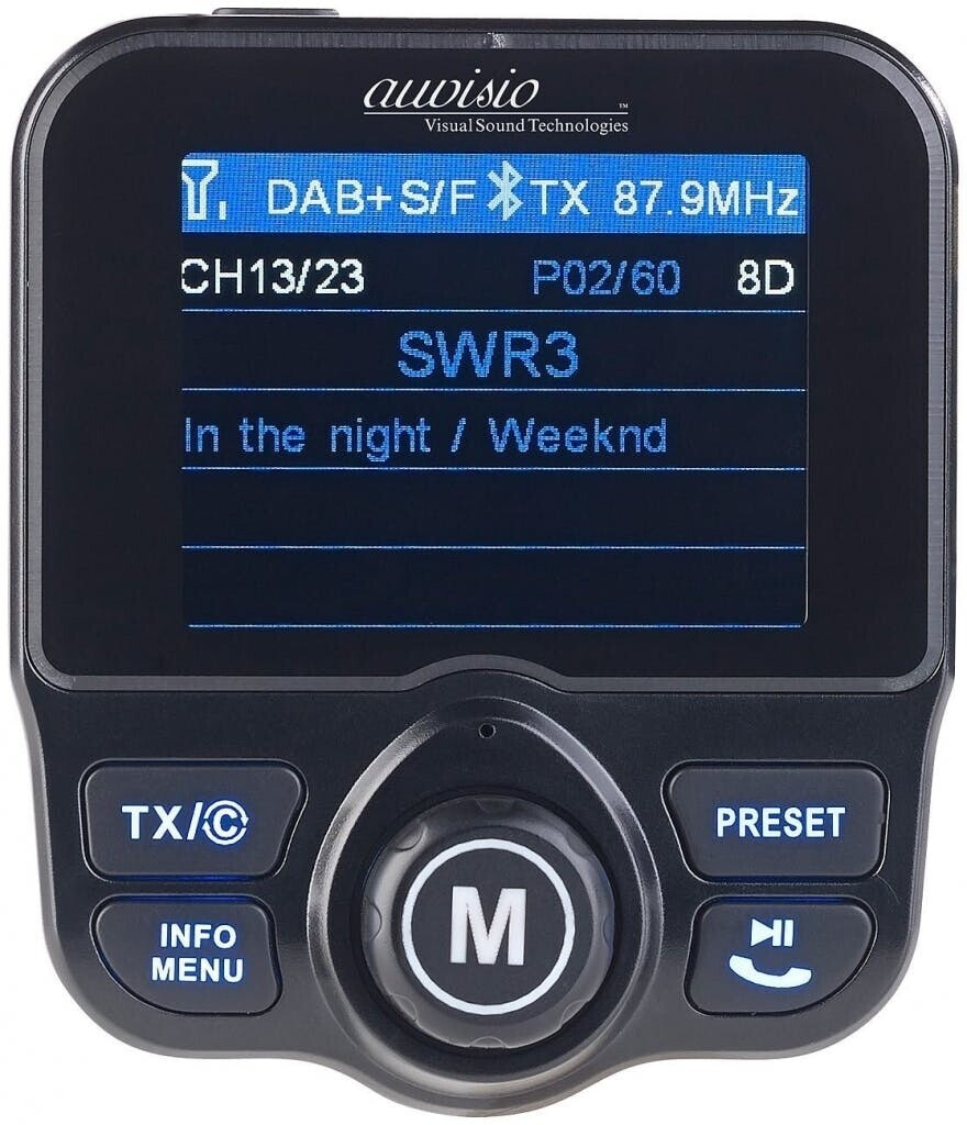 Bild von auvisio DAB Auto: DAB+/DAB-Empfänger, FM-Transmitter, Bluetooth, Freisprecher, MP3, USB (DAB Auto Adapter, Radio Zigarettenanzünder, PC Lautsprecher)