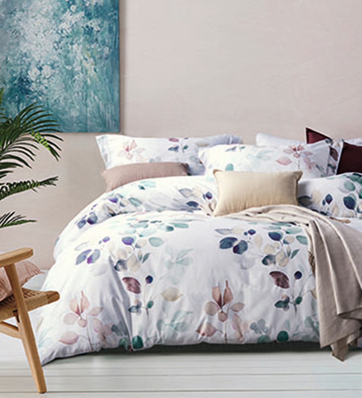 Bild von Sympathica Satin Bettwäsche Wende Blätter grün grau beige sand  155x220 cm