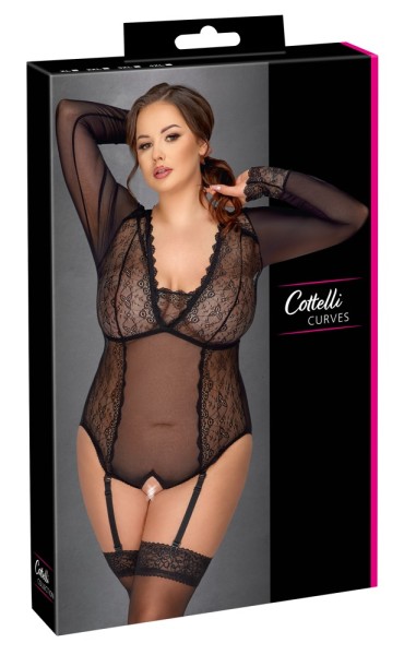 Bild von Cottelli transparenter Langarm-Body mit Spitzen-Einsätzen und verlockender Ouvert-Öffnung