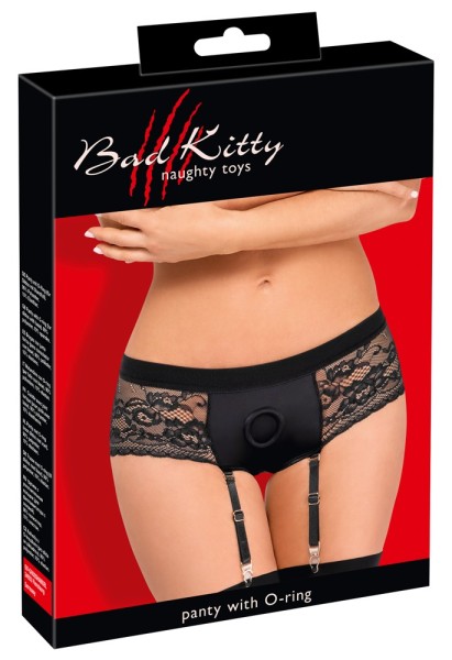 Bild von Schwarze Strap-on-Panties von Bad Kitty im weichen elastischen Material-Mix aus Mikrofaser und Spitze.