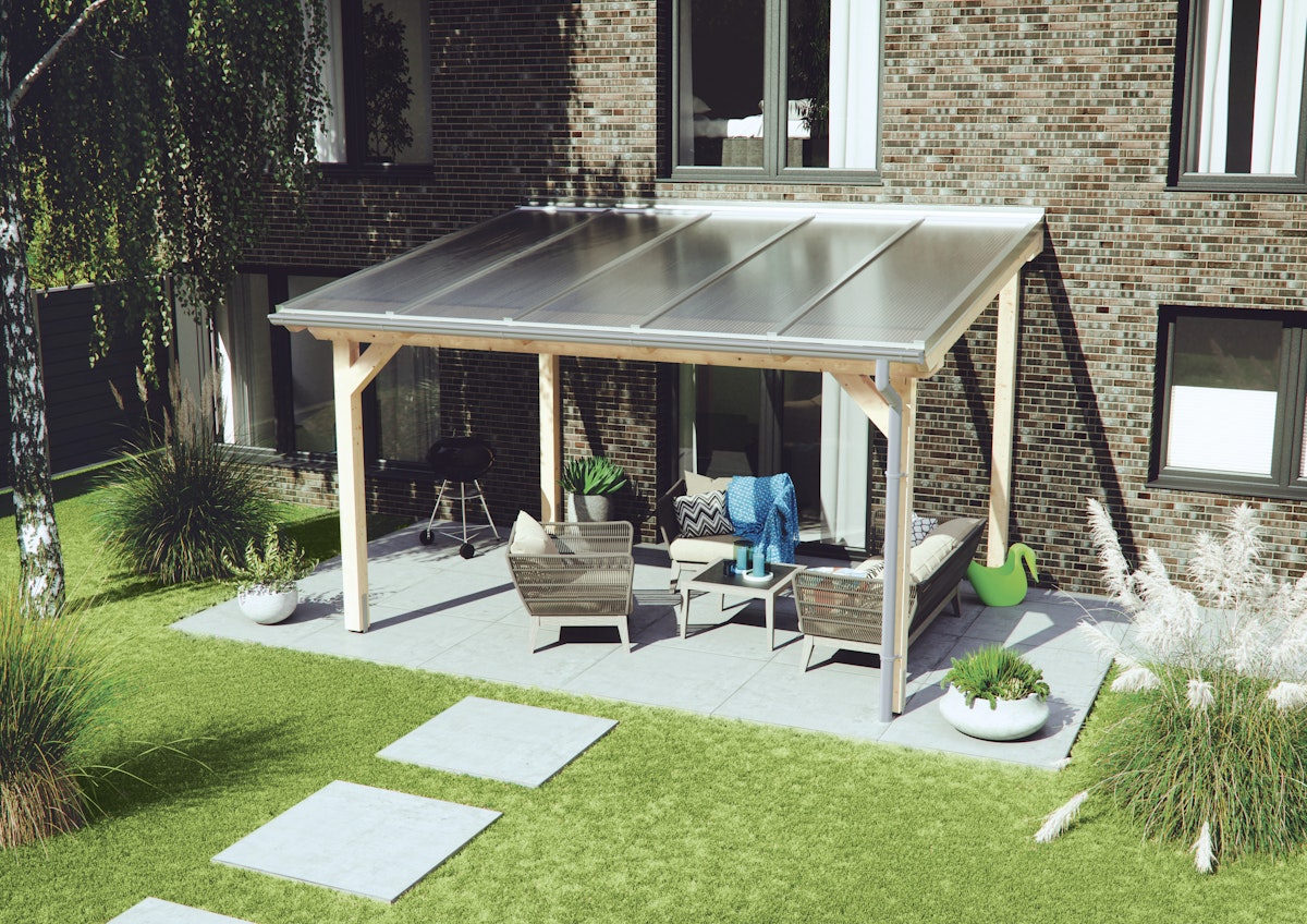 Bild von KATTO-Terrassenüberdachungn4080 x 4500 mm, Leimholzbausatz mitnPoly Breitkammer klar, Zubehör pressblank, Rinne PVC-grau