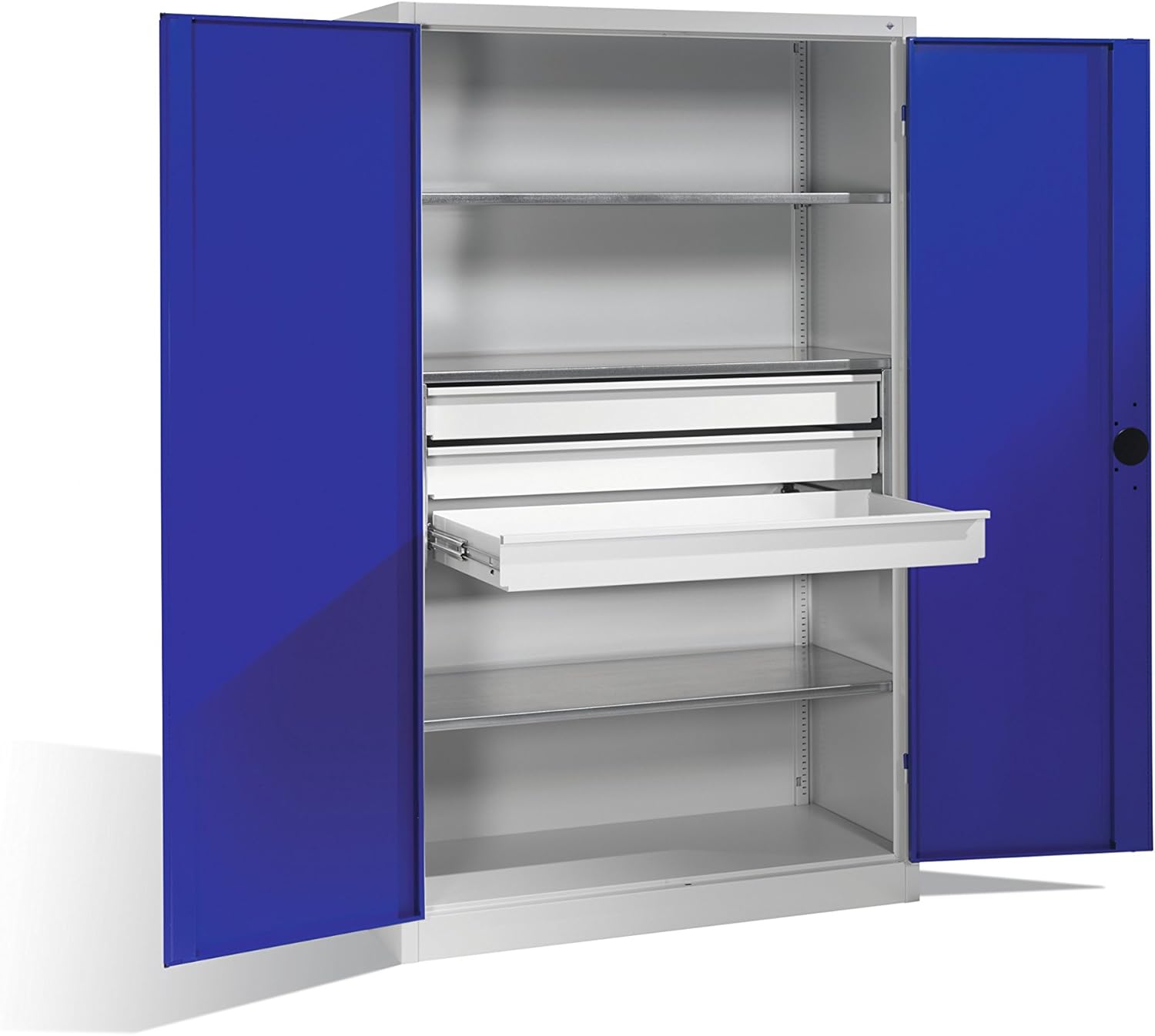 Bild von Schwerlastschrank mit Drehtüren, 3 Böden und 3 Schübe, H1950xB1200xT500mm