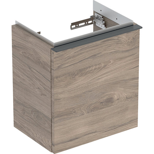 Bild von Geberit iCon Unterschrank für Handwaschbecken, 1 Tür links, 37x41,5x27,9 cm, 502301, 502.301.JR.1, Farbe: Front/Korpus: Nussbaum hickory/Melamin Holzstruktur, Griff: lava/pulverbeschichtet matt