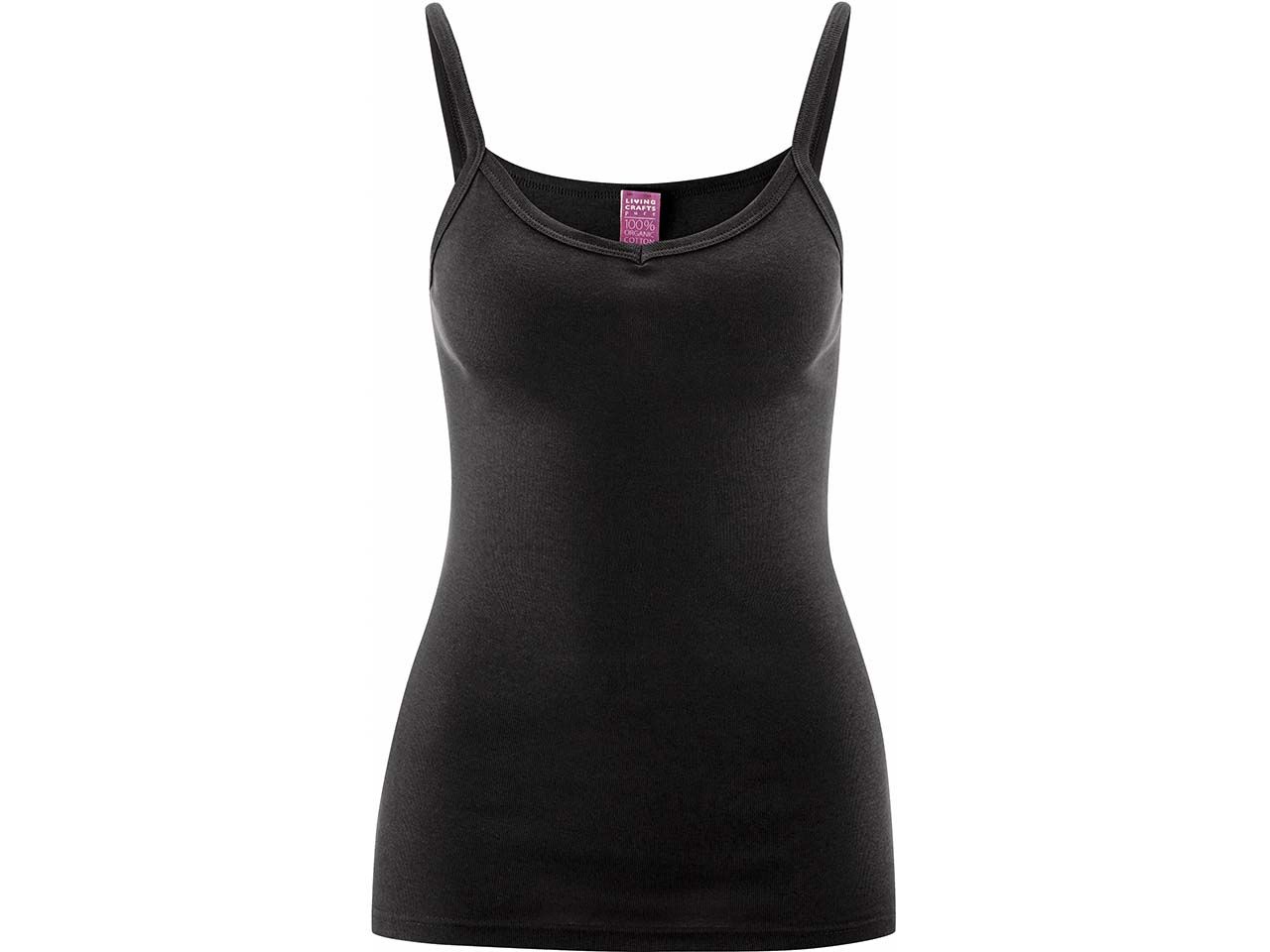 Bild von Living Crafts - Julia | Spaghettiträger-Top - Hochwertiges Feinripp, Bequeme Passform ohne Seitennähte, Tiefer Rundhalsausschnitt, Doppelnahtsaum, Bio-Baumwolle (M, Black)
