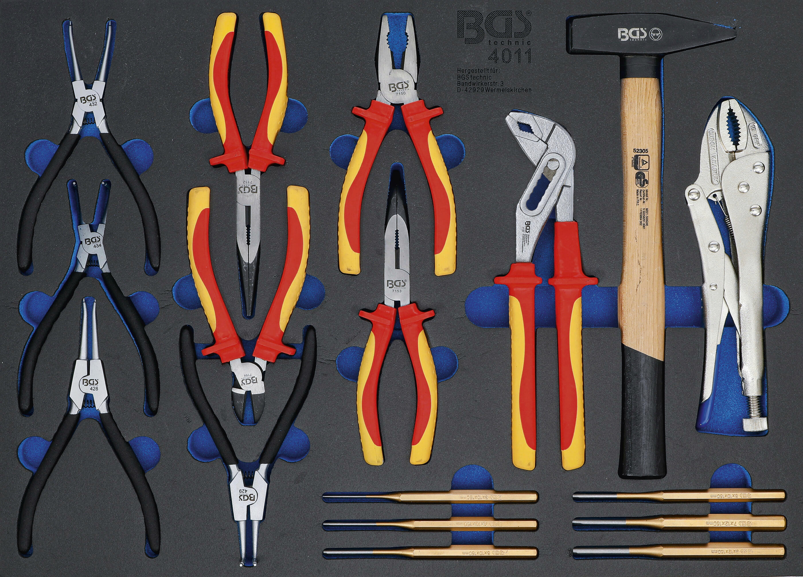 Bild von BGS 4011 | Werkstattwageneinlage 3/3: Zangen-, Splintentreiber-Satz, Hammer | 17-tlg. | Sprengringzange, VDE-Zange, Gripzange