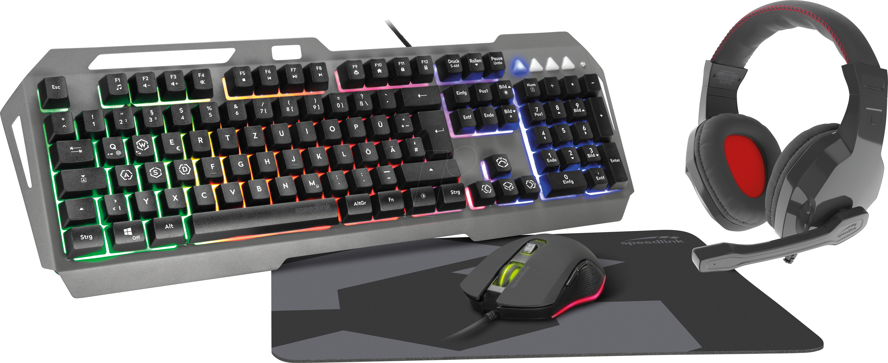 Bild von Speedlink LUNERA 4in1 Illuminated Gaming Set – vierteiliges Gaming Tastatur und Maus Set mit Kabel, mit Gaming Headset und Gaming Mauspad, RGB Beleuchtung, DE Layout, schwarz