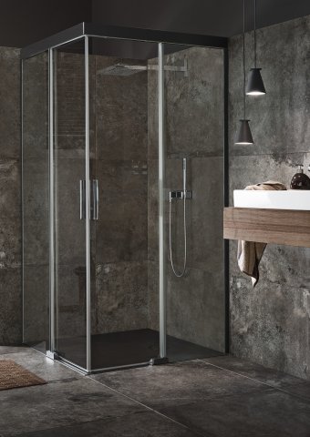 Bild von Koralle S600Plus Eckdusche Schiebetür EDS2 80 R, Schenkel rechts, 800mm, Duschkabinen: Profil/Blende: Silber hochglanz/Nero, Glas: ESG