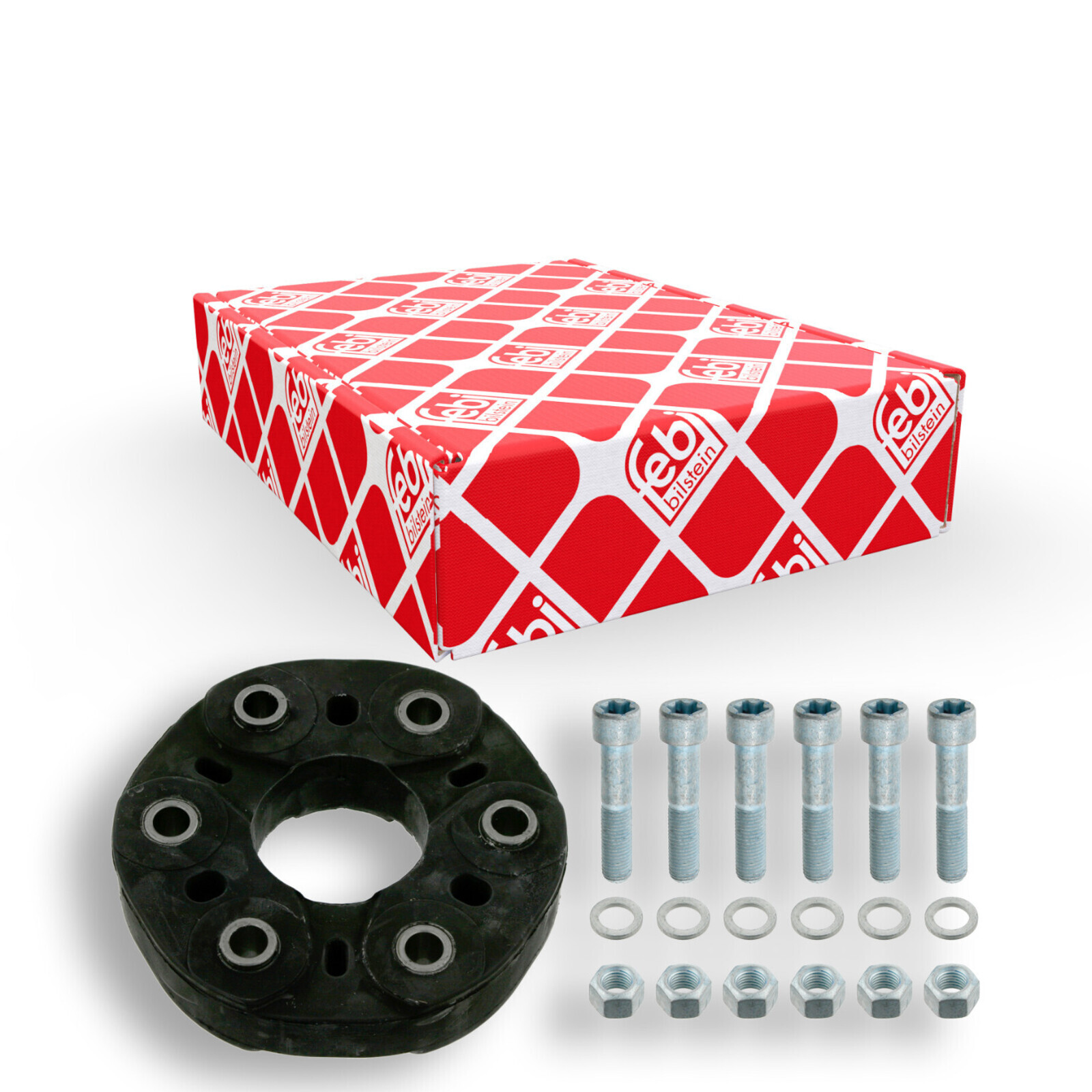 Bild von FEBI BILSTEIN 10501 Hardyscheibe Gelenkscheibe, Gelenk, Längswelle hinten 144 110 mit Muttern mit Schrauben, mit Unterlegscheiben BMTS Turbo NEU