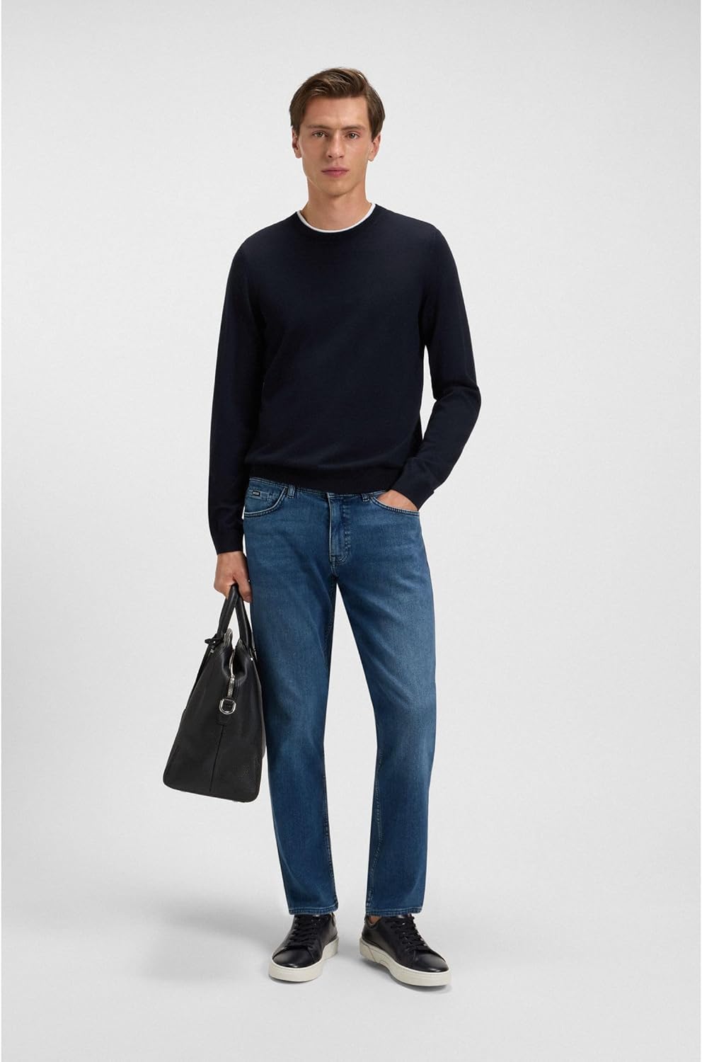 Bild von BOSS Herren Leno-P Slim-Fit Pullover aus Merinowolle mit Rundhalsausschnitt Dunkelblau S