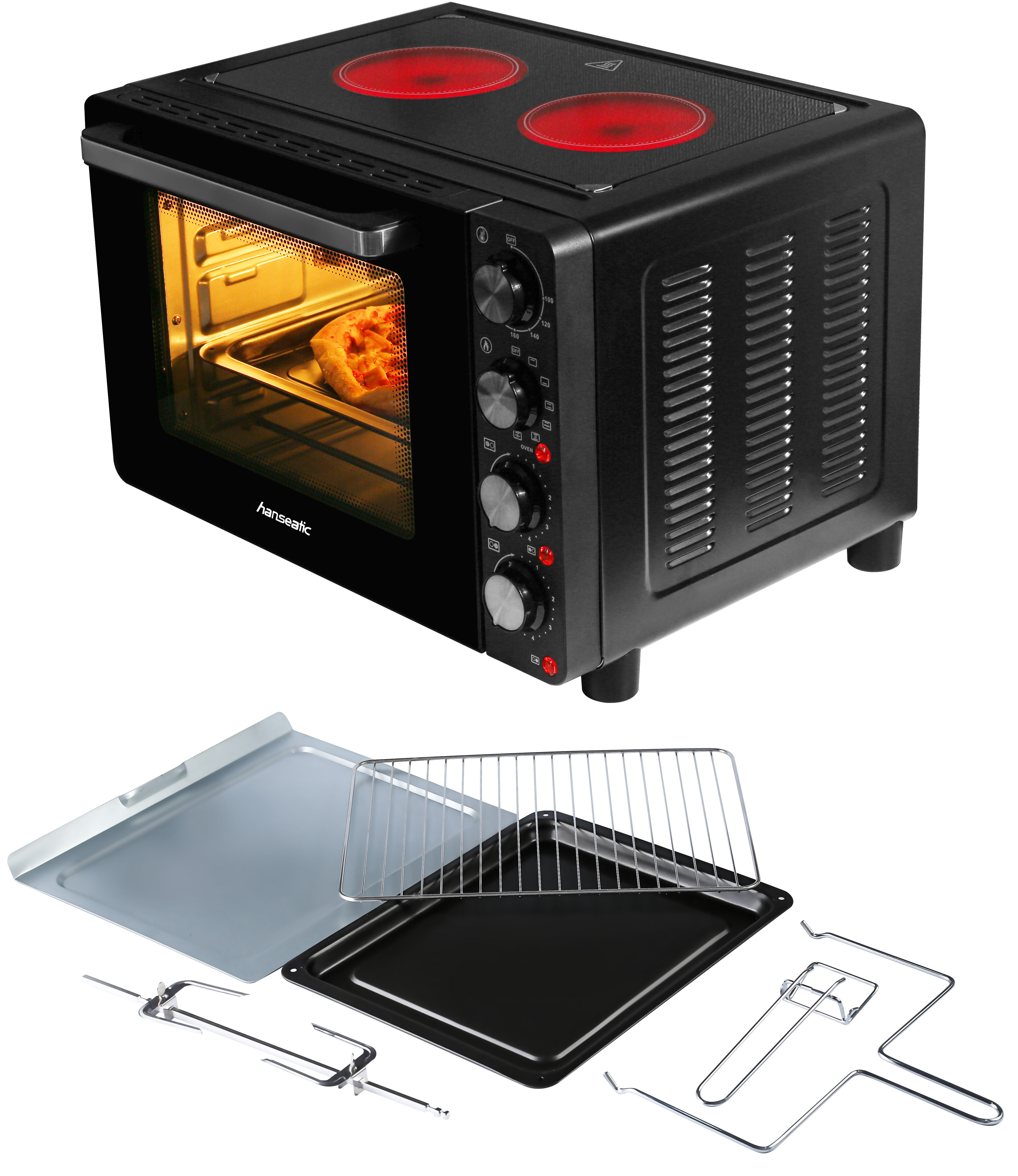 Bild von Hanseatic Multiofen "HMO287BKB mit 2 Glaskeramik-Kochfeldern", Ober/Unterhitze/Umluft; 28L Garraum, Grillspieß