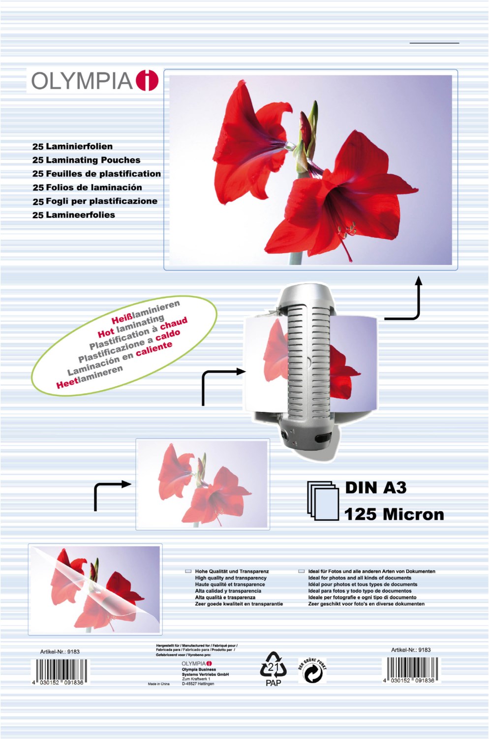 Bild von Olympia Laminiergerät 1x50 Laminierfolien DIN A3 125 micron 9175