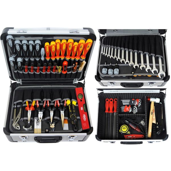Bild von FAMEX 418-88 Profi Alu Werkzeugkoffer gefüllt mit Werkzeugset groß, für den gewerblichen Einsatz, Werkzeug aus deutscher Produktion, Bestückter Koffer mit Einstecktaschen