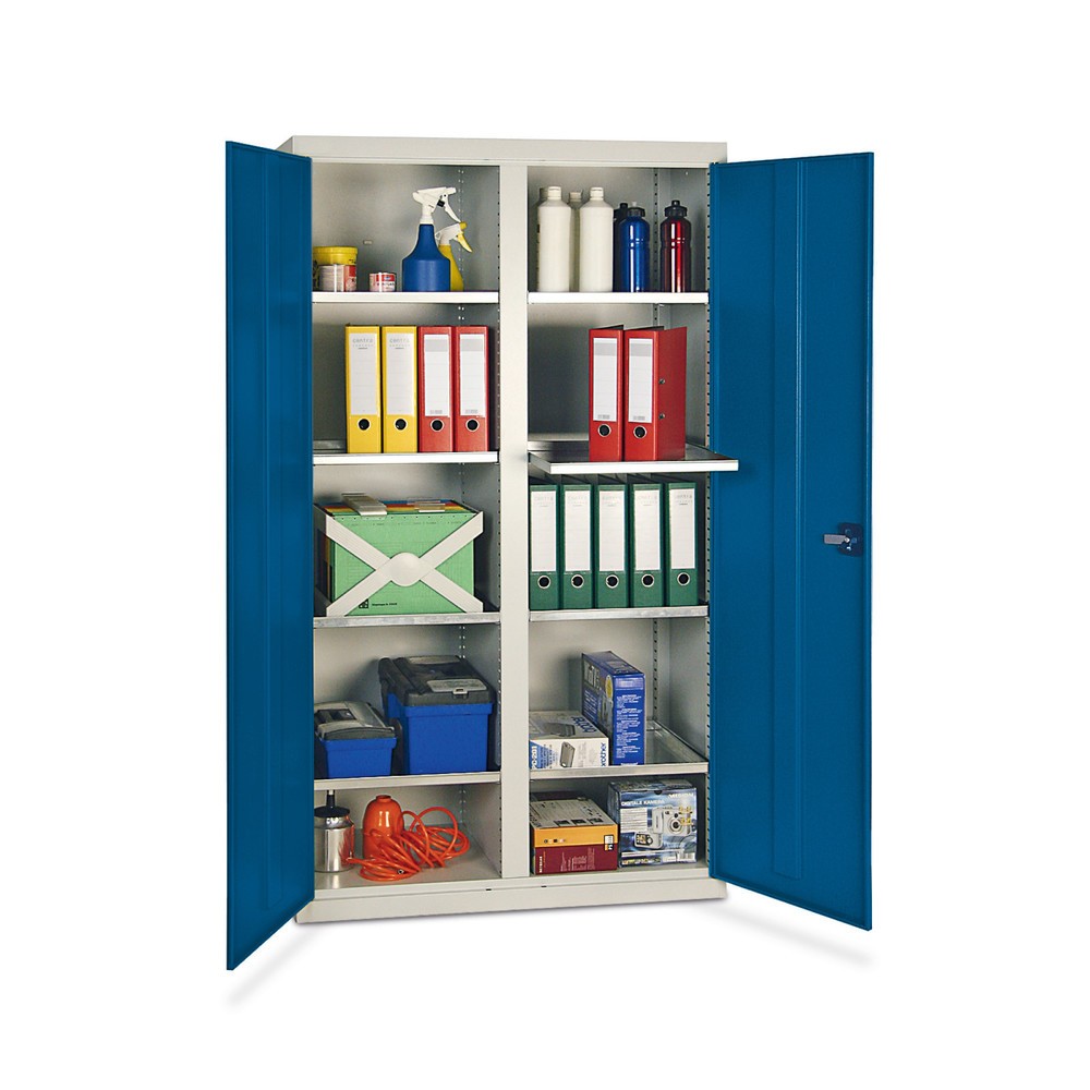 Bild von stumpf® Werkstatt-Flügeltürschrank mit 8 Wannen + Trennwand, HxBxT 1.800 x 1.000 x 500 mm, lichtgrau/enzianblau