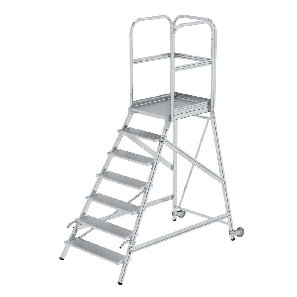 Bild von Günzburger Steigtechnik Podesttreppe einseitig begehbar mit Rollen und Griffen Aluminium geriffelt 7 Stufen