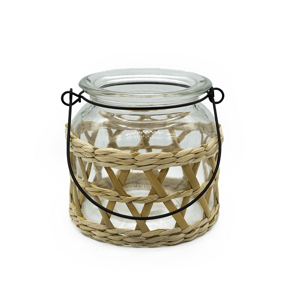 Bild von Windlicht Glas klar in geflochtenem Bast mit Metallhenkel 12x10,5cm