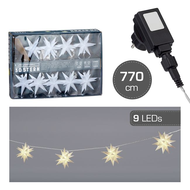 Bild von LED-Lichterkette 3D Stern 9 Sterne, ca. 770 cm lang Weiss