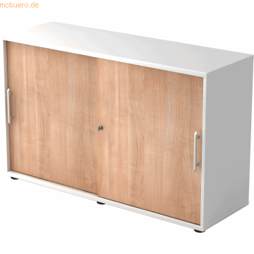 Bild von HAMMERBACHER Aktenschrank Schiebetürschrank Derie 9 2 OH BxTxH 120x40x74,8cm Griff RE Weiß/Nuss.