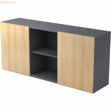 Bild von HAMMERBACHER Aktenschrank Sideboard 2 OH BxTXH 160x42x74,8cm Schiebetüren Graphit/Eiche.
