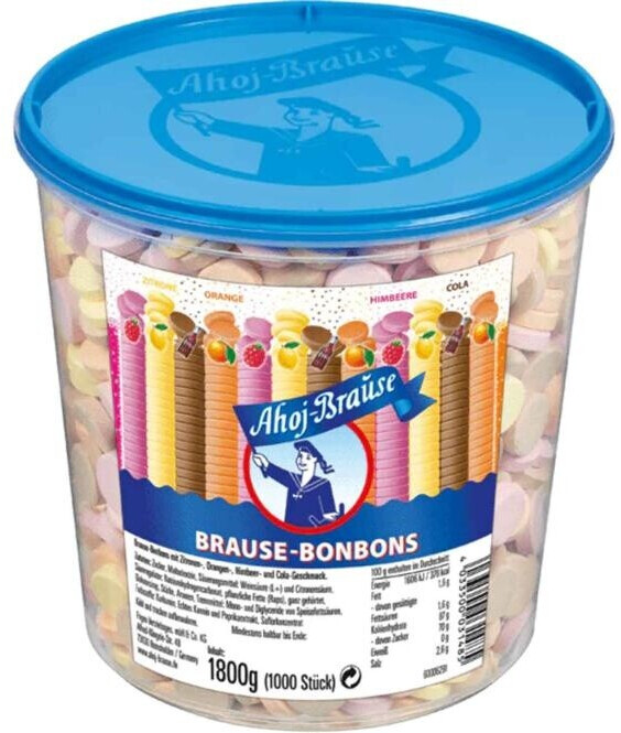 Bild von Frigeo Ahoj-Brause, Die Klassiker: runde Bonbons in den vier Geschmacksrichtungen Zitrone, Orange, Himbeere und Cola, 1000 Stück im Eimer (1,8kg)