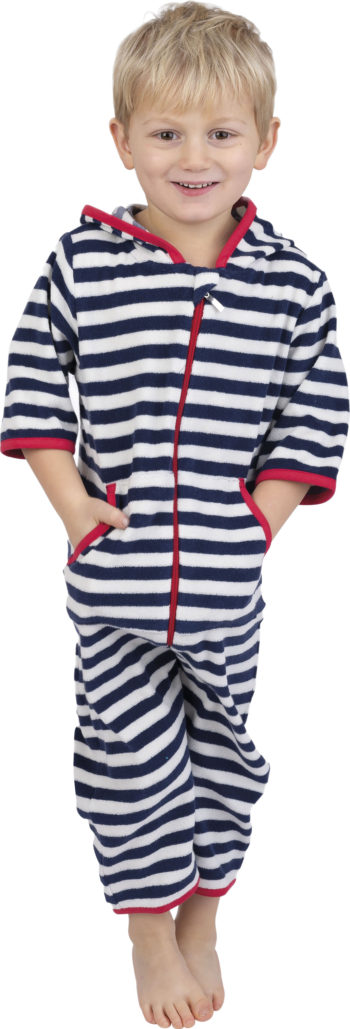 Bild von Wewo fashion Kinderbademantel »8027«, (1 St.), gestreift, mit Kapuze Reißverschluss & Känguru-Tasche, 3/4 Arm/Bein