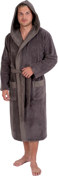 Bild von Wewo fashion Herrenbademantel 1023, Langform, Velours, Kapuze, Gürtel, besonders kuschelig