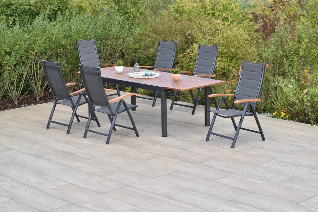 Bild von MERXX Garten-Essgruppe ""Paxos"", (Set, 7 tlg., 5-fach verstellbare Rückenlehne, gepolsterte Sitz- und Rückenfläche), Ausziehtisch: LxB: 180-250 x 100 cm