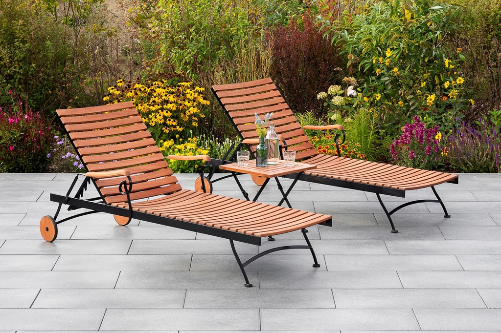 Bild von MERXX Garten-Essgruppe "Schloßgarten", (3 tlg.), 2 Gartenliegen, Klapphocker, mit Auflagen
