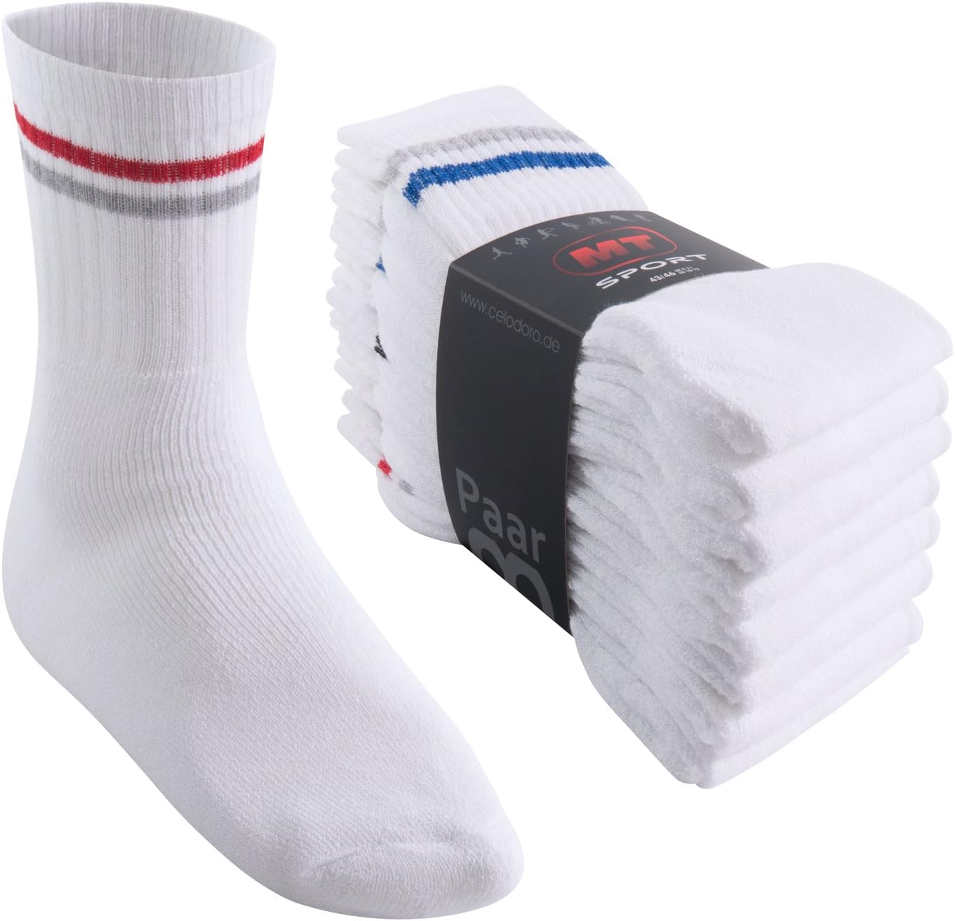 Bild von MT Damen und Herren Sport- und Freizeitsocken (8 Paar) Tennissocken - Weiss-Colourstripe 47-50
