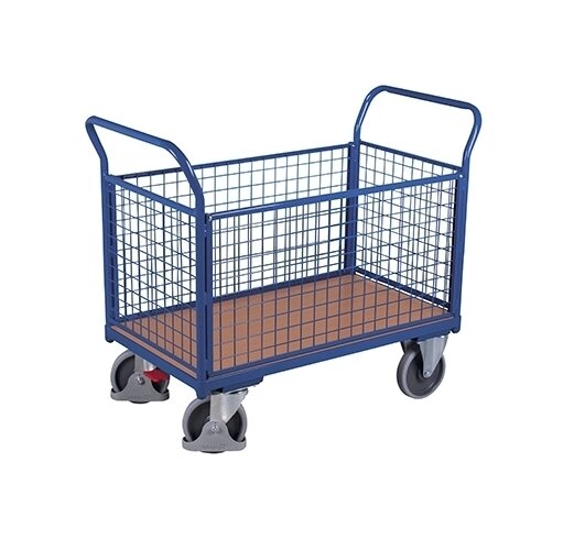Bild von Vierwandwagen, Stahl/MDF-Platte, Enzianblau/Buche-Dekor, L 1000 x B 550 mm, herausnehmbare Längswände, TPE-Rollen mit EasySTOP, bis 500 kg