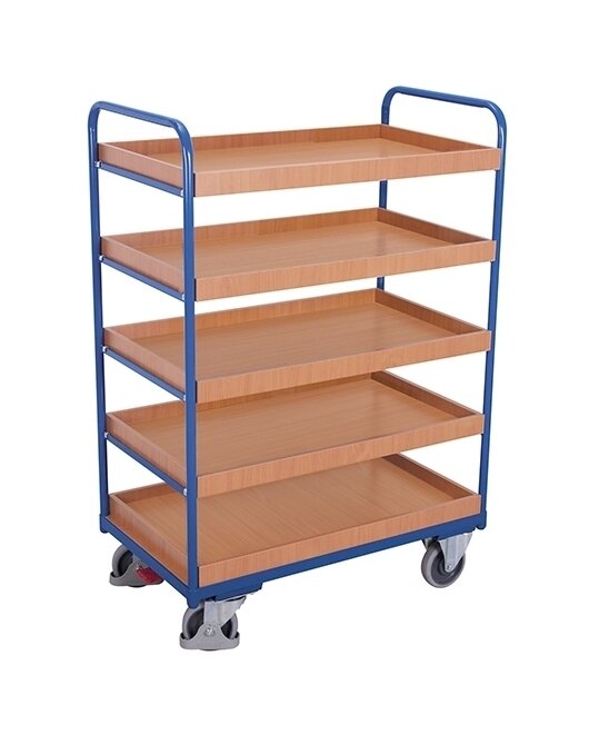 Bild von Etagenwagen, Stahl/MDF-Platte, Enzianblau/Buche-Dekor, 5 Etagen, 815 x 455 mm, EasySTOP, bis 250 kg