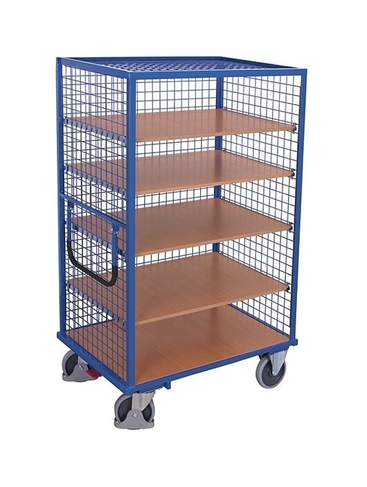 Bild von Drahtgitter-Etagenwagen, Stahl/MDF-Platte, Enzianblau/Buche-Dekor, 5 Etagen, 1245 x 785 mm, 3 Wände und Dach, EasySTOP, bis 500 kg
