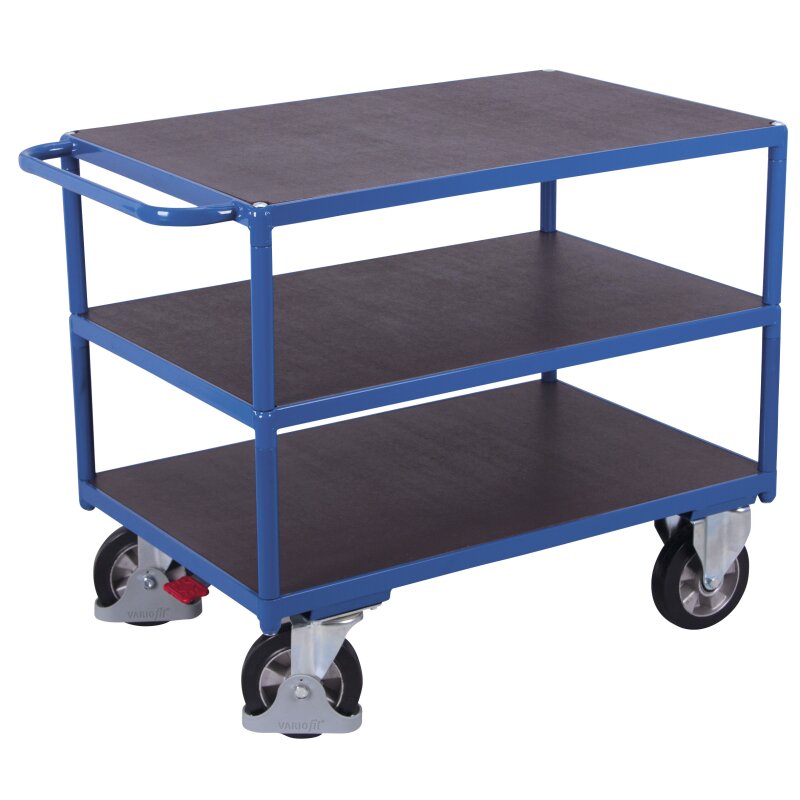 Bild von Schwerlast-Tischwagen, Stahl/Siebdruckplatte, Enzianblau/Dunkelbraun, 3 Etagen, L 1195 x B 800 mm, Vollgummi-Rollen mit EasySTOP, bis 1000 kg