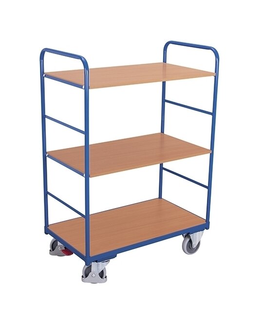 Bild von Etagenwagen, Stahl/MDF-Platte, Enzianblau/Buche-Dekor, 3 Etagen, 1200 x 800 mm, EasySTOP, bis 250 kg
