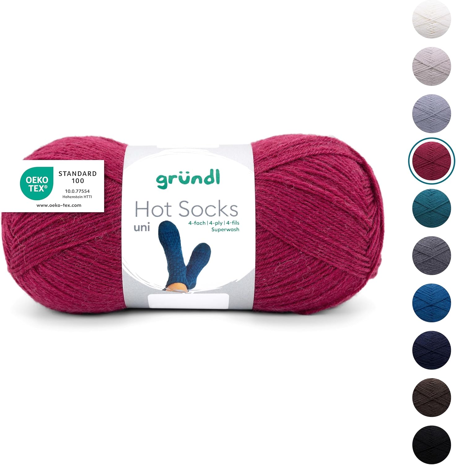Bild von Gründl Wolle Hot Socks uni 100, Sockenwolle / Sockengarn 4-fach 1 Knäuel 100 g / 420 m (75 % Schurwolle (superwash), 25 % Polyamid), bordeaux