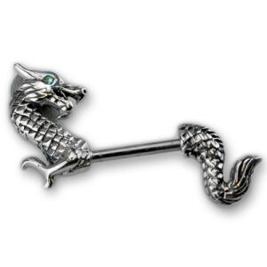 Bild von Bruststab mit 925 Sterling Silber - Drache blickt zurück, Stablänge und Kristallfarbe wählbar