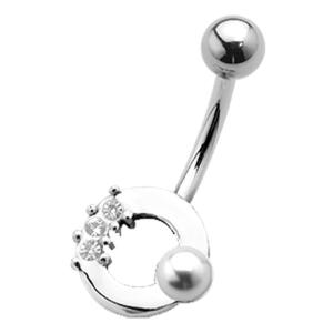 Bild von Bauchnabelpiercing 1.6x10mm mit einem Kreisdesign mit einer Kunstperle und kleinen Kristallen